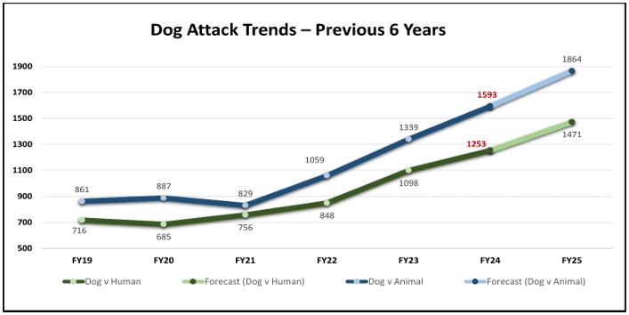 A graph showing dog attack trends over the last six years.